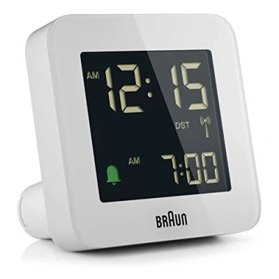 Image de Réveil numérique radiocommandé Braun pour le fuseau horaire de l’Europe centrale (DCF) avec fonction snooze, écran LCD négatif, réglage rapide, bip l’alarme en crescendo, blanc, modèle BC09W DCF