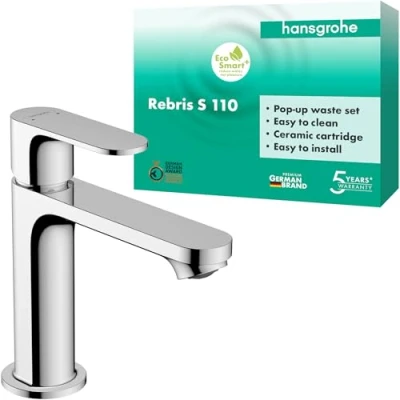 Image de hansgrohe Rebris S Mitigeur de lavabo avec tirette et vidage, Robinet salle bain hauteur sous bec 109 mm, économie d&#039;eau (EcoSmart), Chromé, 72517000