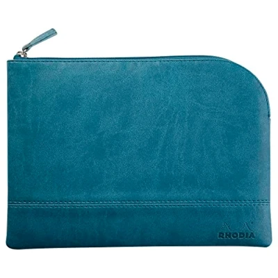 Image de RHODIA 116634C Pochette Zippée en Simili Cuir Paon Taille M (16 x 22 cm) Coutures Véritables Intérieur Tissu Orange Rangement Documents, Petites Fournitures