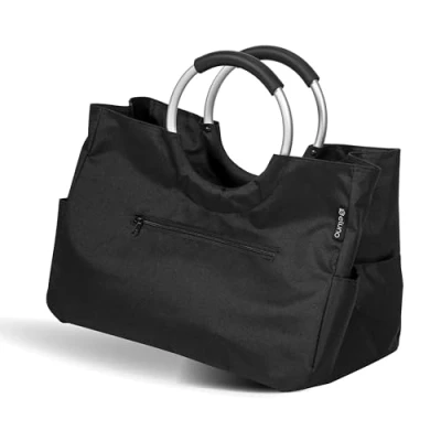 Image de eluno Sac de courses WARWE avec fond renforcé, surface intérieure et extérieure supplémentaires, poignées gainées cordon en polyester imperméable, noir, 43 x 29,5 23,5 cm, Noir ,