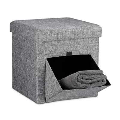 Image de Relaxdays Tabouret de rangement carré pliant en lin couvercle amovible avec tiroir bascule pivotant pouf stockage cube HxlxP: 38 x cm repose pieds, gris
