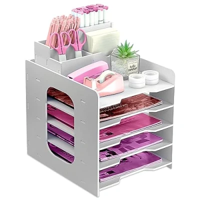 Image de Bac à courrier 5 Niveaux, Corbeille Courrier, Organiseur de Bureau A4 avec Porte Stylo, Bacs Rangement empilables pour la Maison, Le Bureau, l&#039;école