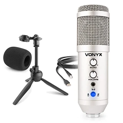 Image de VONYX CM320B Microphone Studio USB avec Trépied Titane, Micro Professionnel USB, Gain et Écho Réglables, Prise Casque 3,5mm, Corps Métallique, Adaptateur 3/8&quot; 5/8&quot;, Bonnette en Mousse