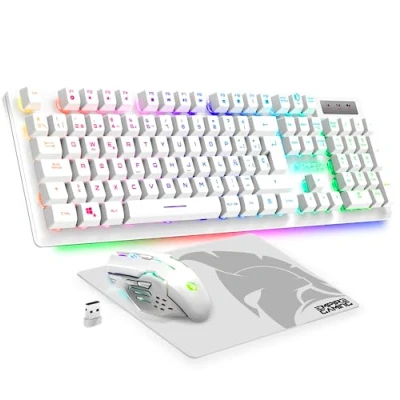 Image de Empire Gaming Armor RF800 Teclado y Ratón Para Gamers Recargable QWERTY (Layout Español) Con Mouse Pad RGB Wireless 2.4Ghz Keyboard 4800 DPI PC PS4 PS5 Xbox One/Series Mac Blanco