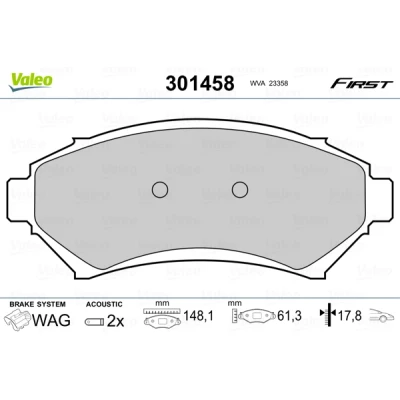 Image de VALEO 301458 Jeu de plaquettes frein FIRST Essieu avant contact signal d&#039;usure inclus sans tôle anti bruit CADILLAC: Seville V, Deville VII