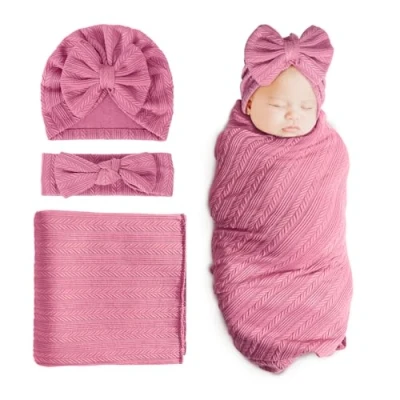 Image de DRESHOW Couverture de réception pour Nouveau né et Enfant Chaud Fille avec Bonnet Bandeau à nœuds Assortis
