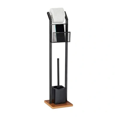 Image de Relaxdays Ensemble WC AV. étagère, Brosse et dérouleur Papier, Support pour Portable, Aspect Bois, H 78 cm, Noir