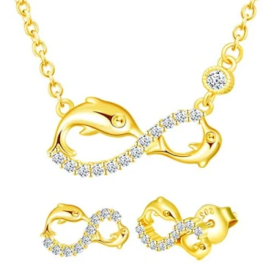 Image de Yumilok Ensemble de bijoux collier et boucles d&#039;oreilles, pendentif clous d&#039;oreilles dauphin symbole l&#039;infini en argent 925, pour femme fille, zircon incrusté, or