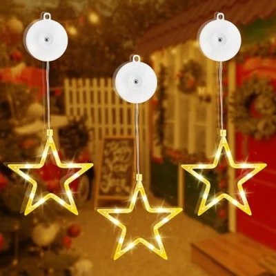 Image de Aourow Lot de 3 étoiles LED Décoration Noël Pour fenêtre Fonctionne avec piles ruban adhésif double face 2 modes Blanc chaud Noël, fête, mariage