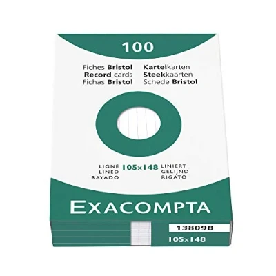 Image de Exacompta Réf. 13809B Étui de 100 fiches bristol lignées non perforées format 105 x 148 mm compatibles avec imprimante jet d&#039;encre, laser et photocopieur couleur blanc