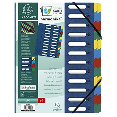 Image de Exacompta Réf. 55242E 1 trieur HARMONIKA avec élastiques et fenêtres découpées couverture en carte lustrée dos extensible 24 compartiments pour A4 dim 24,5 x 32 cm couleur bleu
