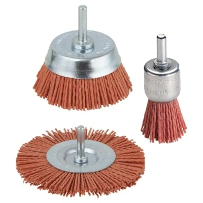 Image de wolfcraft 2741000 3 Brosses Fil Nylon Gros Grains Queue Ø 6 mm : 1 Circulaire 75 X 10 + Soucoupe 65 Pinceau 25 Vert
