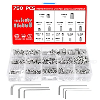 Image de Faankiton 750 Pièces Vis Sans Tête Hexagonale M2.5 M3 M4 M5 M6 M8, à Conique 15 tailles, Filetée Internes, Hexagonales Pointeau avec 6 Clé Allen (argent)