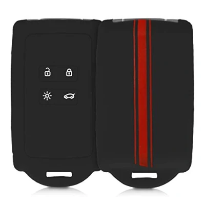 Image de kwmobile Accessoire Clé de Voiture Compatible avec Renault Smart Key 4 Bouton (Keyless Go Uniquement) Coque en Silicone Souple Embout Porte Bande Couleur Rouge Noir