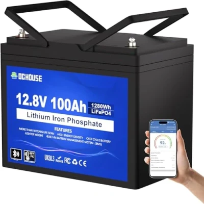 Image de Batterie DCHOUSE 12V 100Ah LiFePO4, BMS 100A amélioré, jusqu&#039;à 15000 Cycles, au Lithium 1280Wh, Parfaite pour Les Camping Cars, caravanes, Bateaux, Camping, systèmes solaires