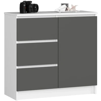 Image de Commode AKORD JERRY Blanc 1 porte 3 tiroirs Gris Graphite 80x35x77 cm