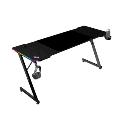Image de MARSGAMING MGD X160RGB, Bureau Gaming Ergonomique, Éclairage ARGB avec Télécommande, Surface Fibre de Carbone, Tapis XXL, Supports Casque et Boisson, Gestion Câbles, 160x60cm, Noir