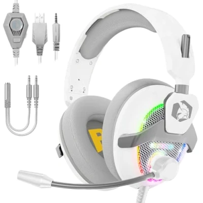 Image de EMPIRE GAMING 2024 Nouveau H 13 Casque Gamer RGB PS5, PS4, Xbox One/Series, Switch, PC, Mac, Smartphones, Tablettes Télécommande Son Stéréo Haute Définition Microphone Flexible Blanc