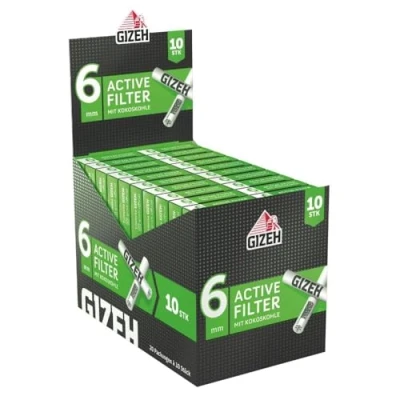 Image de Gizeh Lot de 10 filtres à charbon actif Black Format fin 6 mm Filtre avec en coque coco 20 paquets