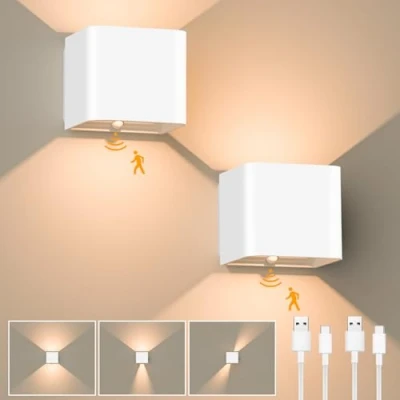 Image de GuKKK Applique Murale Interieur, 2 Pcs à Détecteur de Mouvement, Lampe LED Rechargeable, Lumière Blanche Chaude 3000K Sans Fil, Angle Faisceau Réglable (Blanc)