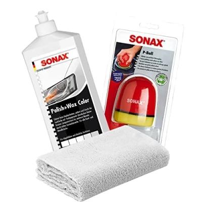 Image de detailmate Sonax Kit de polissage à main Polish + Wax Color blanc 500 ml P Ball ergonomique en microfibre sans bords 40 x cm, 550 g/m²