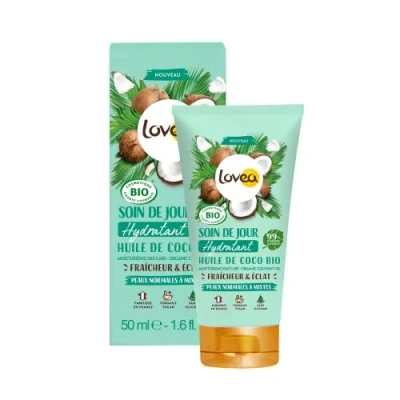 Image de LOVEA Soin De Jour Hydratant Visage Huile Coco BIO Douceur &amp; Eclat Peaux Normales À Mixtes 99% D&#039;Origine Naturelle Sans Silicone Vegan Certifié Fabriqué En France 50 ml
