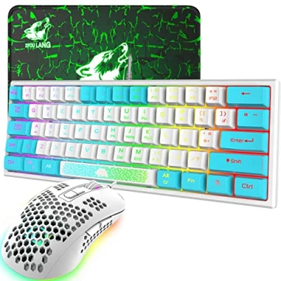 Image de RGB 60% Gaming Keyboard Mouse Set Filaire 62 Touches Mini Clavier 7 LED Rétroéclairé 19 Anti ghosting + 2400 DPI Ultralight Honeycomb Shell Tapis de Souris Blanc Mixte