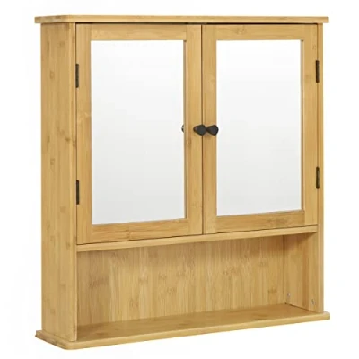 Image de EUGAD Armoire Murale de Salle Bain avec Miroir, Placard Rangement 2 Portes à Miroir et 1 Compartiment Ouvert, Meuble Étagère Réglable, Bambou, 56x14x58cm