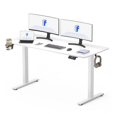 Image de FLEXISPOT Lite Bureau Assis Debout Électrique Réglable en Hauteur avec Porte gobelets et Crochets, Panneau Clavier Contrôle à Fonctions Mémoires 140x60 cm(Cadre Blanc + Plateau Blanc)
