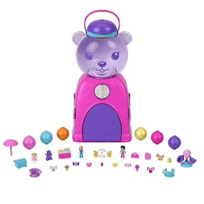 Image de Polly Pocket Coffret L’Ours à Surprises, 4 espaces de Jeu, 32 éléments Jeu : 2 poupées, Chewing Gums Non comestibles et système Recharge, partir Ans, HJN90