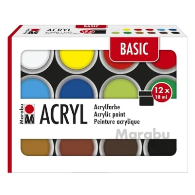 Image de Marabu Acrylics Set BASIC, 12 x 18 ml couleurs satinées, facile à peindre, séchage rapide, résistant la lumière, aux intempéries, 1210000000214