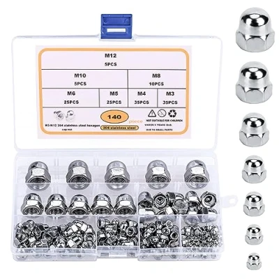 Image de Belle Vous Ecrou Borgne Inox (Lot de 140) M3, M4, M5, M6, M8, M10 &amp; M12 Assortiment d’Écrou avec Boîte Rangement, Utilisation Intérieure et Extérieure