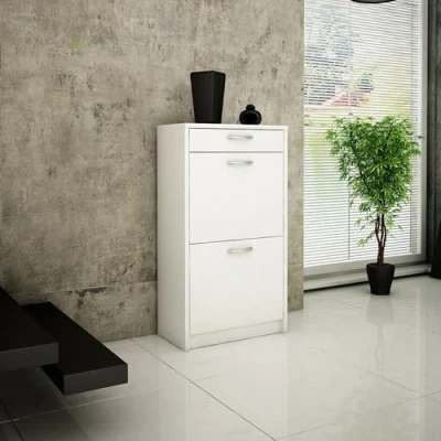 Image de Meuble à chaussures avec 1 tiroir et 2 abattants, étagère 3 compartiments, bords arrondis doux, largeur 50 cm, dessus en stratifié, rangement peu encombrant blanc