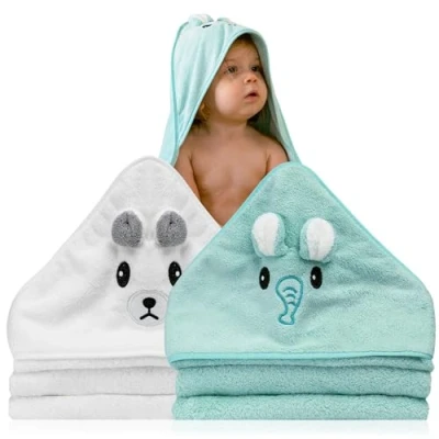 Image de Lot de 2 serviette bain a capuche bebe Idée Cadeau Naissance Garçon Cape animaux 0 3 ans Sortie douce Originale Cadeaux pour Nouveau né