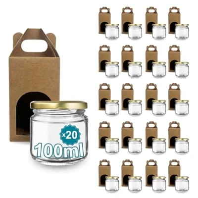 Image de Espirito Rebelde Lot de 20 pots en verre vides avec couvercle 100 ml bôites carton pour 1 pot confiture Inclut un à vis doré, confitures, conserves, miel