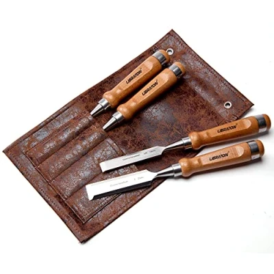 Image de Libraton Professional 4pcs Ensemble de ciseaux à bois Poignées en robustes Ensembles Cr V avec étui cuir pour le travail du bois, sculpture 6mm, 10mm, 18mm, 25mm