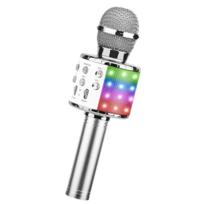 Image de ShinePick Microphone Karaoke sans Fil, Karaoké Bluetooth Portable pour Enfants/Adultes Chanter, Compatible avec Android/iOS/PC/Smartphone (Argent)