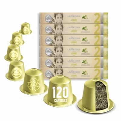 Image de La Natura Lifestyle Lot de 120 capsules Thé vert jasmin en aluminium Compatible avec les machines à Nespresso®3 100% recyclable fleurs naturel issu