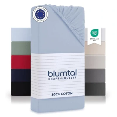 Image de Blumtal Basics Lot De 1 Jersey Drap Housse 180 x 200 Coton Certifié Oeko Tex 100% 135gsm Hauteur Matelas Jusqu&#039;à 25 cm Doux Bleu Clair
