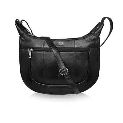 Image de Quenchy London Sac A Main Pour Femme En Cuir Noir Souple Bandoulière Ou Epaule 5 Poches Zippées 2 Compartiments Zippé Poche Parapluie Taille Moyenne QL174K