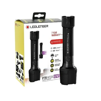 Image de Ledlenser P7R lampe de poche UV LED rechargeable avec auxiliaire, super lumineuse 1 200 lumens, résistante à l&#039;eau, détection des taches, 365 nm,