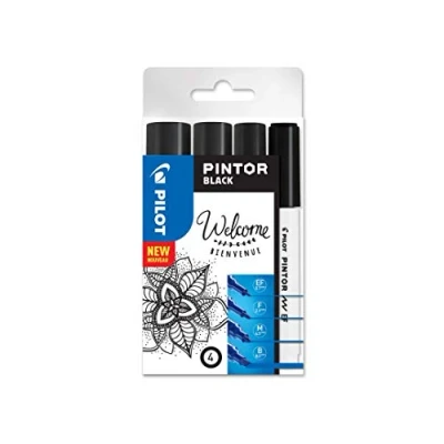 Image de PILOT Pochette de 4 Pintor Marqueurs Peinture Multi Supports à Base d’Eau, Séchage Rapide Textile, Verre, Bois, Pierre, DIY Noir Pointe Extra Fine, Moyenne et Large