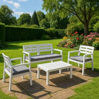 Image de Dmora Salon extérieur avec 2 fauteuils 1 canapé table basse coussins, Made in Italy, coloris blanc