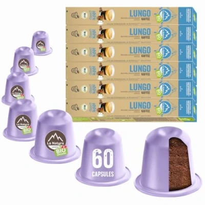 Image de La Natura Lifestyle LUNGO BIO 60 Capsules de CAFÉ compatibles machines à Nespresso café 100% compostables industriellement Écologique