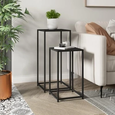 Image de [en.casa] Set de 2 Tables d&#039;Appoint Tailles Différentes Lot Supports pour Plantes Ensemble Basses Bout Canapé Style Intemporel Acier Noir