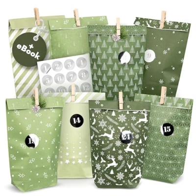 Image de Amari ® Calendrier de l&#039;Avent à remplir Pastell Mix 24 Sacs en Papier (avec des agrafes Bois) réaliser Noël avec Autocollants numérotés