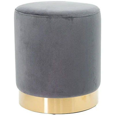 Image de Shally Dogan Pouf en velours avec base métal et structure MDF, design moderne, repose pieds forme cylindrique, tabouret rond assise rembourrée douce, mobilier intérieur (gris)