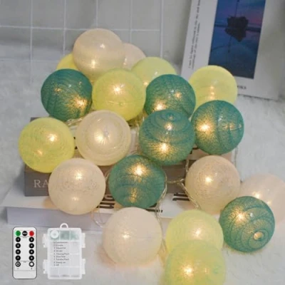 Image de Ciskotu Guirlande Lumineuse Coton Boules Alimenté par pile, 20 LED Dimmable Boule avec Télécommande, Intérieur pour Chambre Enfant Noël Fête (Vert)
