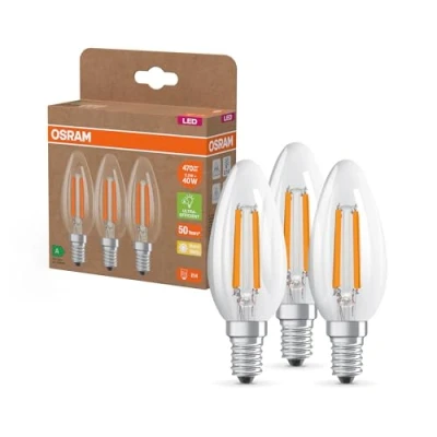 Image de OSRAM Lampes LED haute efficacité avec classe énergétique A, pack avantage de 3 lampes, remplace les ampoules 40W classiques, forme bougie, blanc chaud (2700K), E14, verre filament