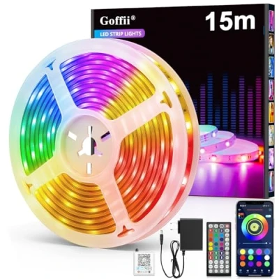 Image de Ruban LED, Led Chambre, RGB Bande Contrôlé par APP Bluetooth ou Télécommande 44 Touches, Synchroniser avec Rythme de Musique, Bandeau pour Decoration Gaming (15M)